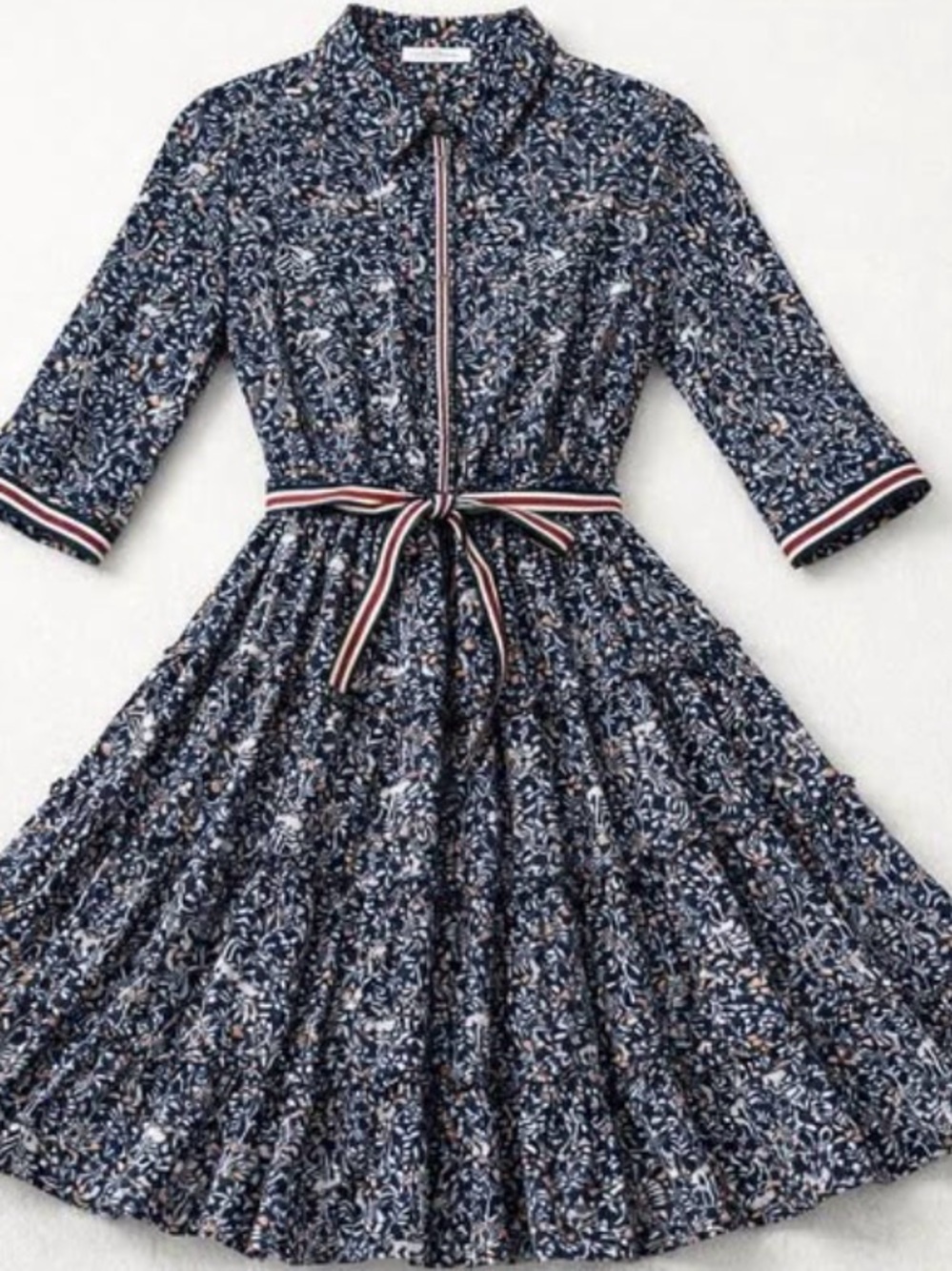 Girls' Navy Floral Shirt Dress with Striped Waist Tie